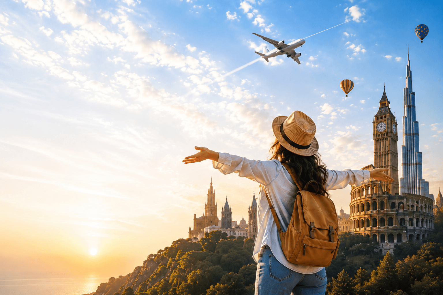 Traveler looking out over European and Dubai landmarks